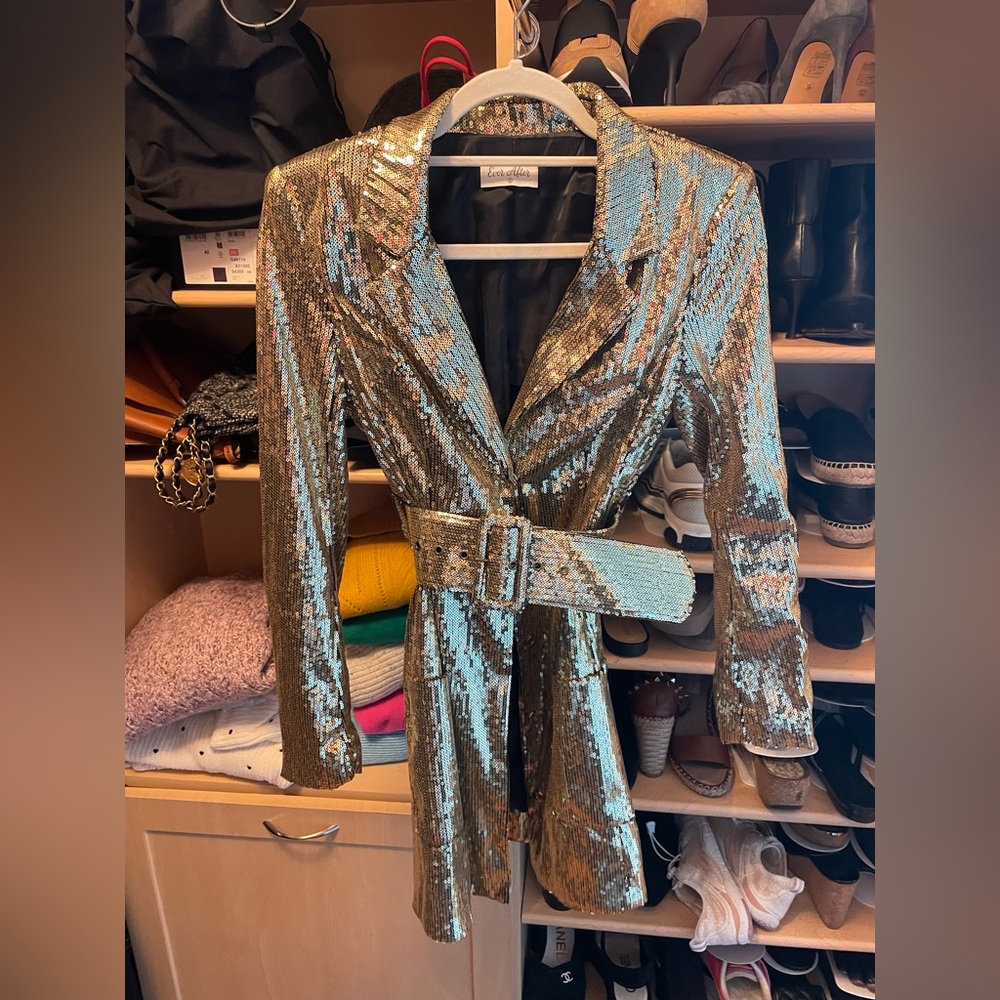 Gold sequin blazer mini dress with belt and pockets